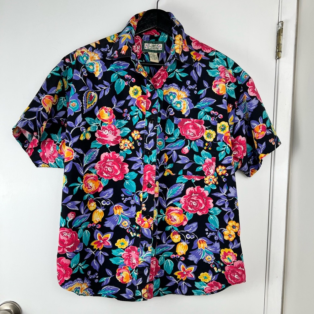Lady Foot Locker Vintage Y2K Cotton Camp Shirt sz L Black Multi Floral 80s Retro